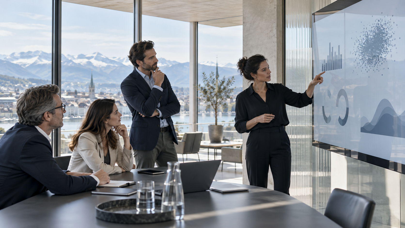 Analytics-Team bespricht Entscheidungsmodelle in einem modernen Schweizer Arbeitsraum